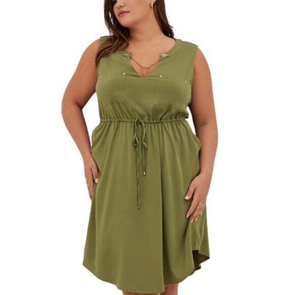 Torrid Women's Olive Green V Neck Grommet Detail Tie Waist Midi Dress Size 2X - Picture 1 of 8